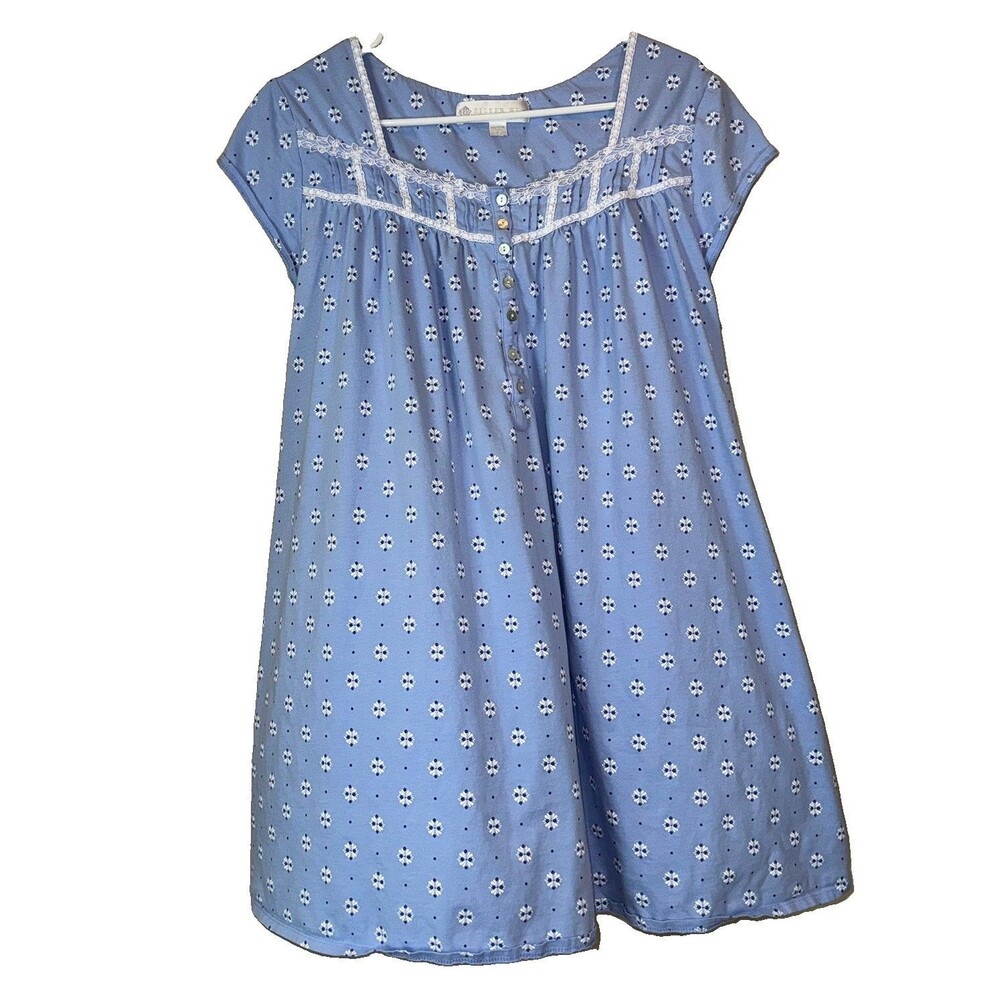 Eileen West L 100% Pima Cotton Blue Floral Nightgown Cap Sleeve Knee Length